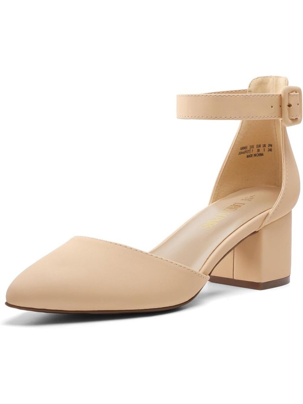 Women's Nude Nubuck ANNEE Closed Toe Chunky Block Heels Ankle Strap Pumps Shoes